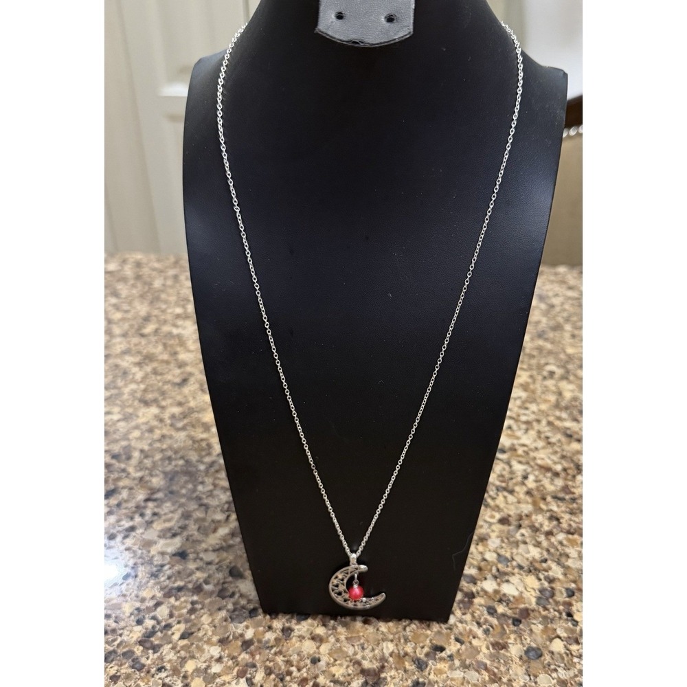 Sterling Silver Crescent Moon Necklace Red Pearl Charm Celestial Boho 925